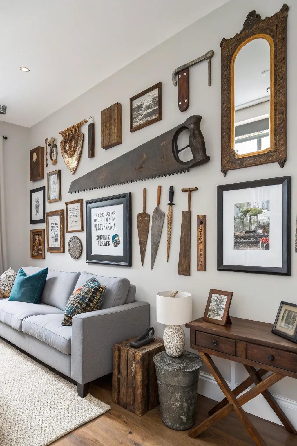 A vintage gallery arrangement featuring handsaws as distinctive artistic elements.