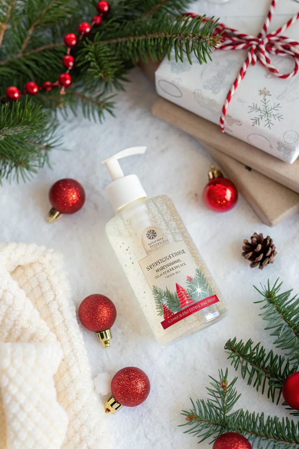 Hand cleanser adorned with a festive trinket