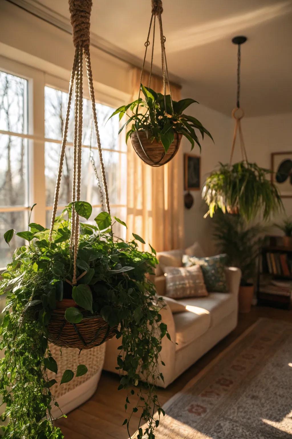 Suspension baskets provide a vibrant way to display plants.