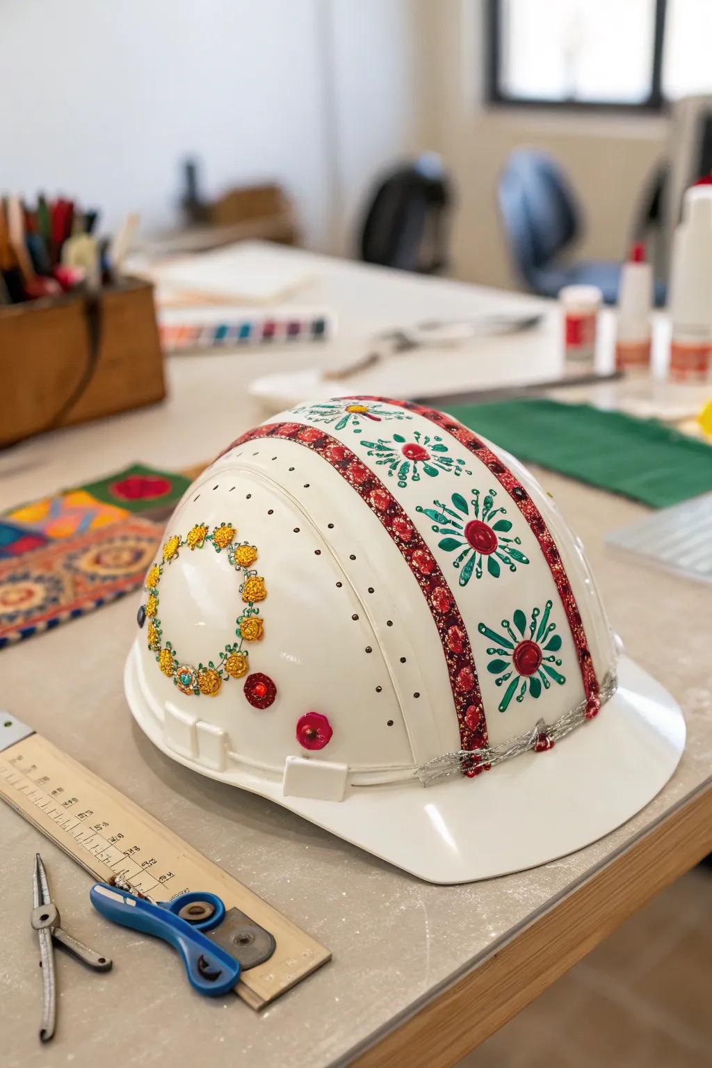 A hard hat showing off a handcrafted look.