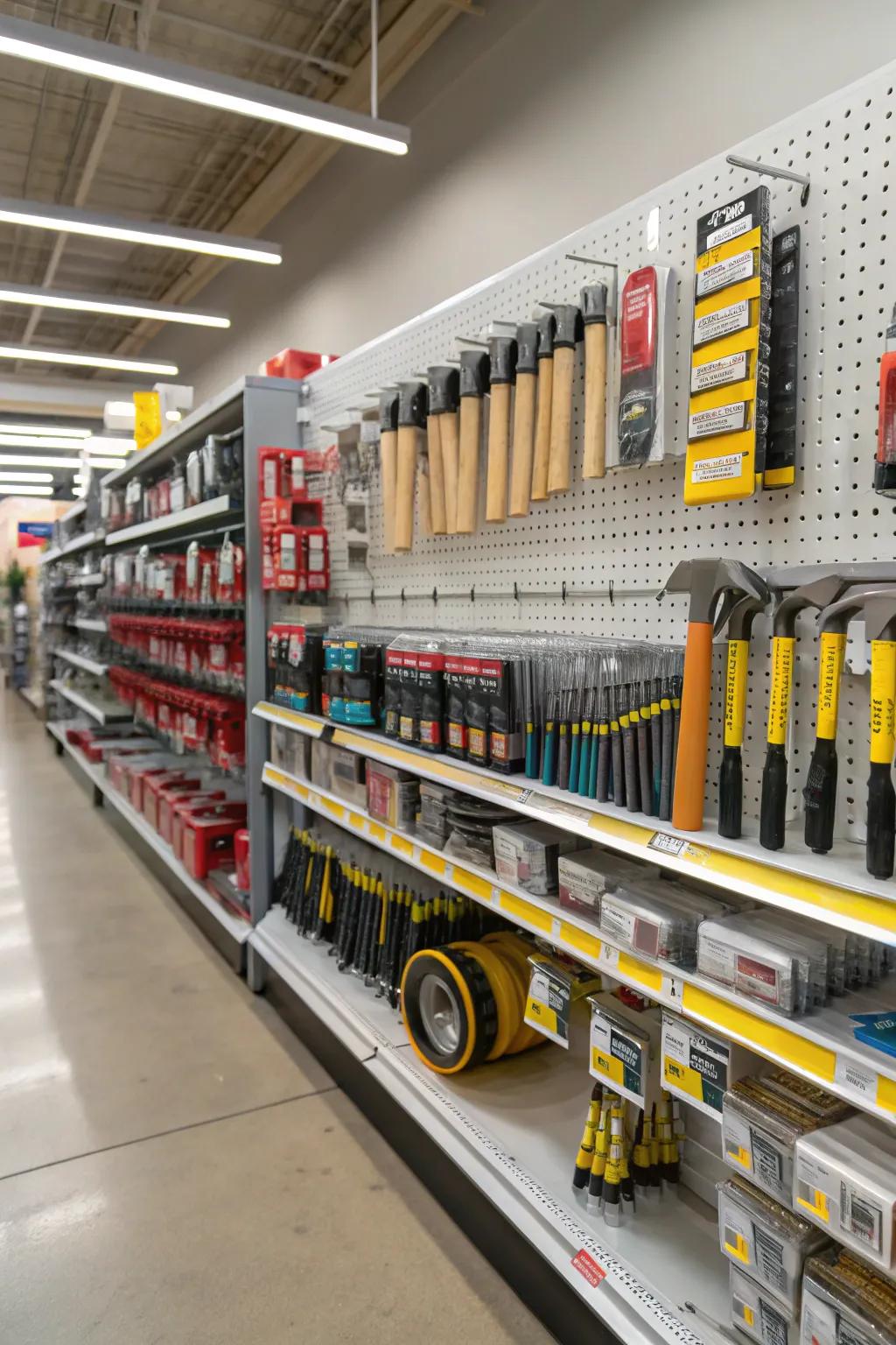 Modular shelving showcases a diverse assortment of hardware items.