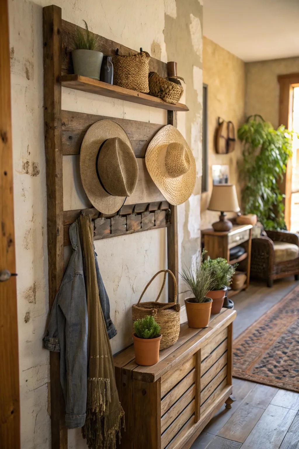 DIY hat rack with a rustic touch.