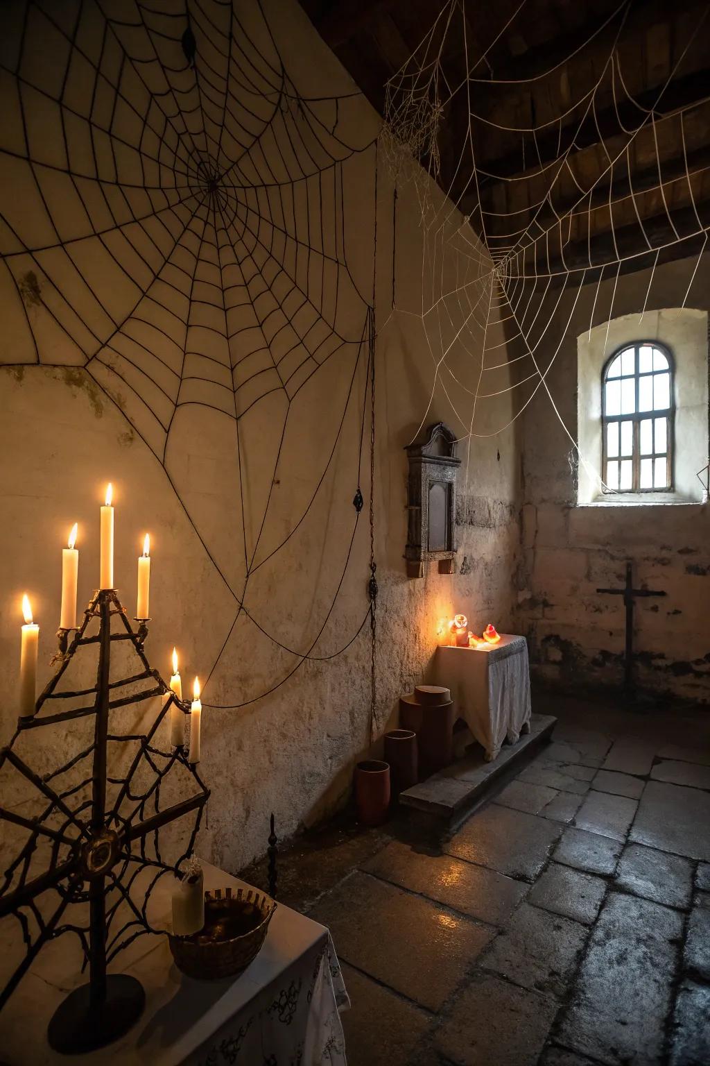 Establish the ambiance with cobwebs and flickering candles.