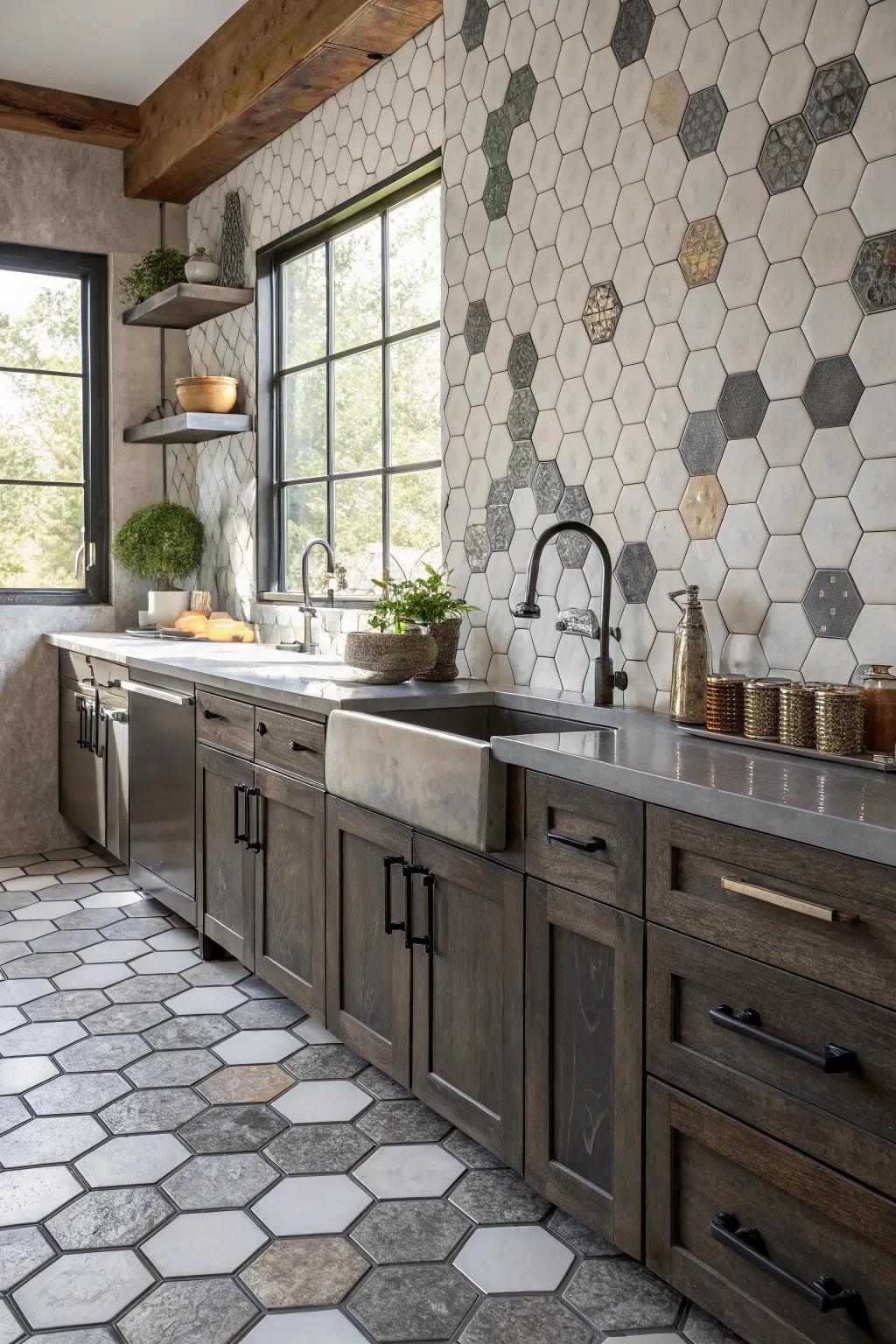 Blending various materials with hexagons imparts richness and persona to your kitchen.