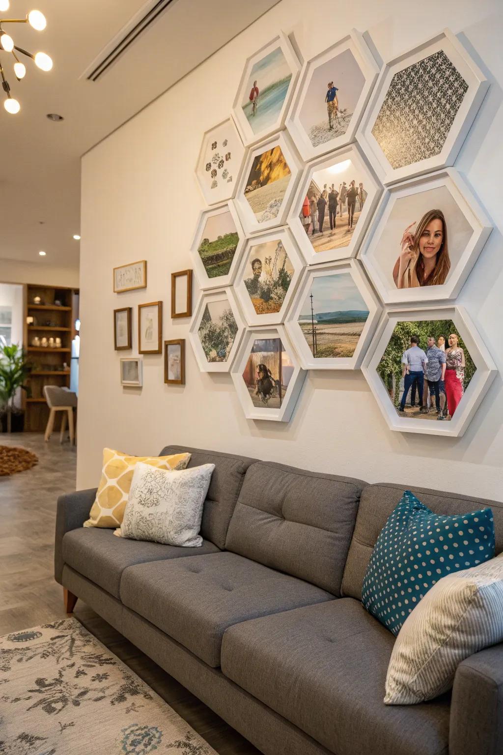 Hexagon frames foster a unique and personalized gallery wall.