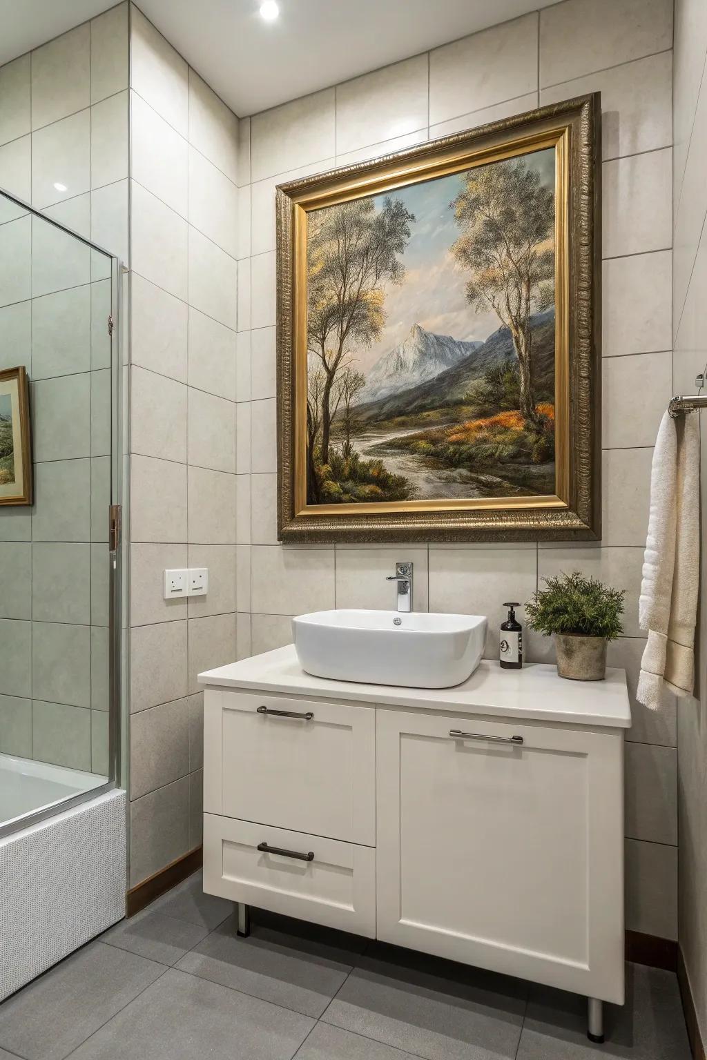 A canvas cleverly hiding a medicine cabinet in a stylish bathroom.
