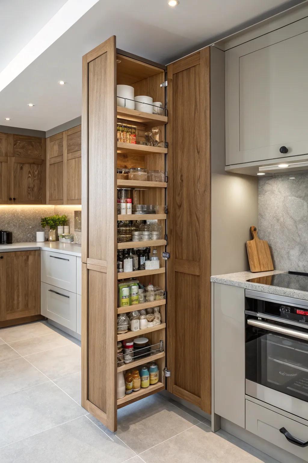 A full-height hidden pantry efficiently uses vertical space.