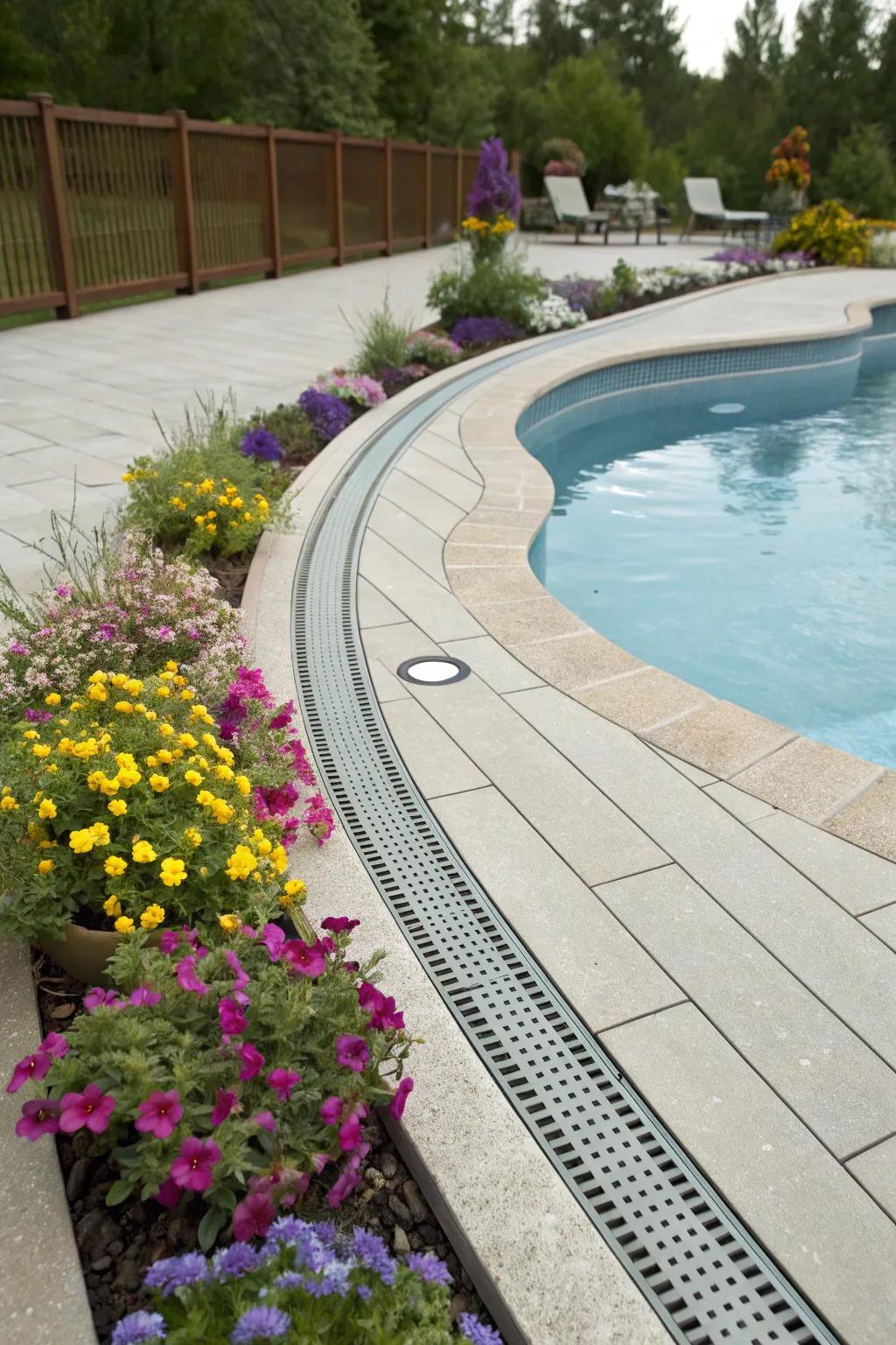 Bended drain designs create a playful design around the pool.