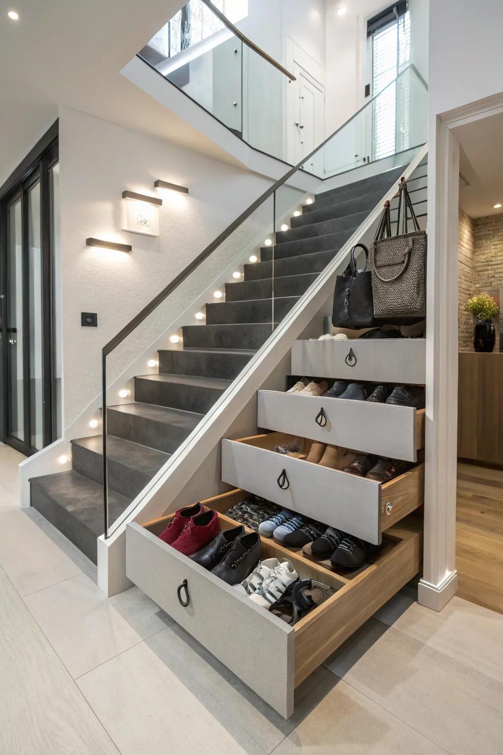 Creative stairway storage featuring hidden drawers