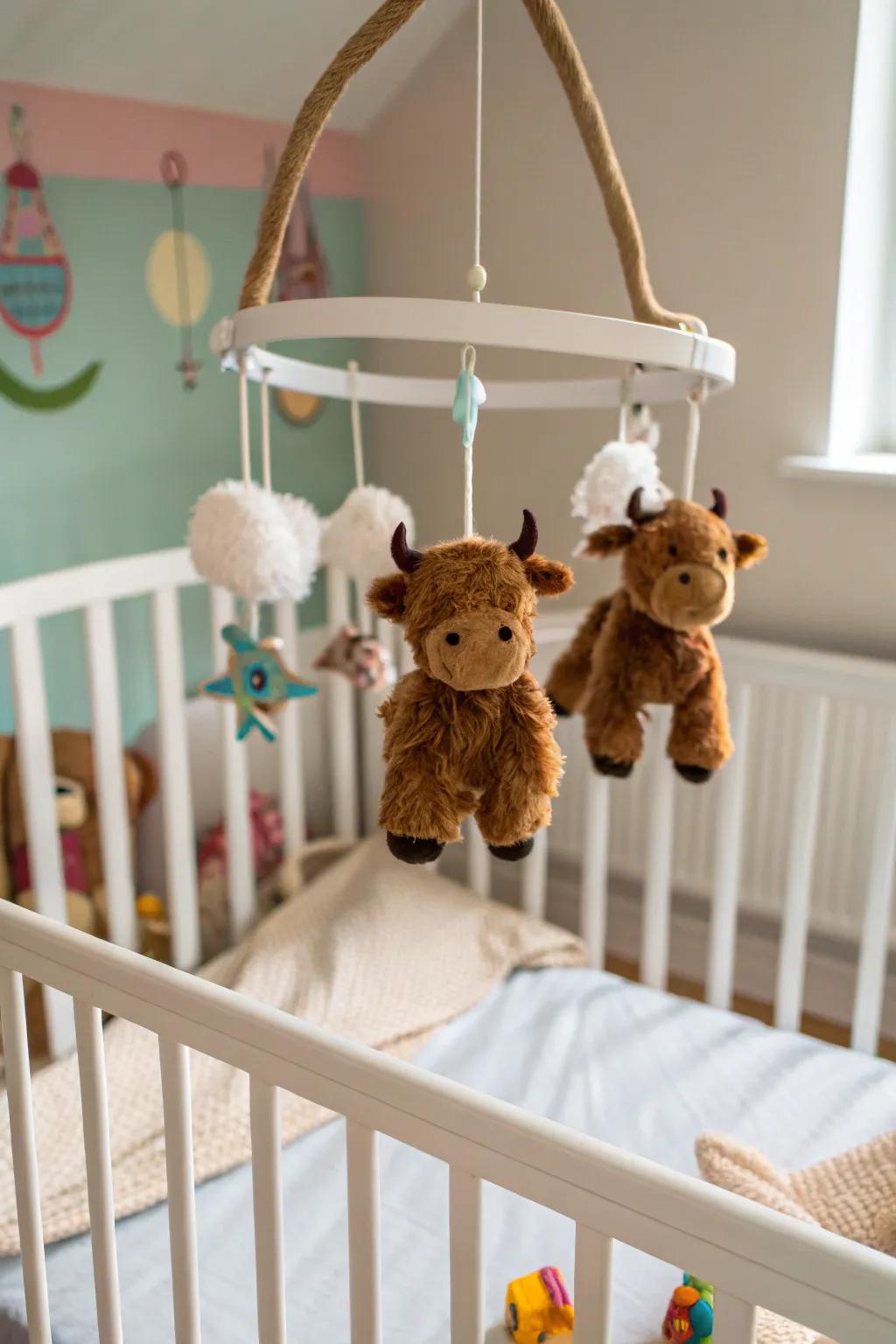 A prairie bovine mobile can enchant and soothe your baby.