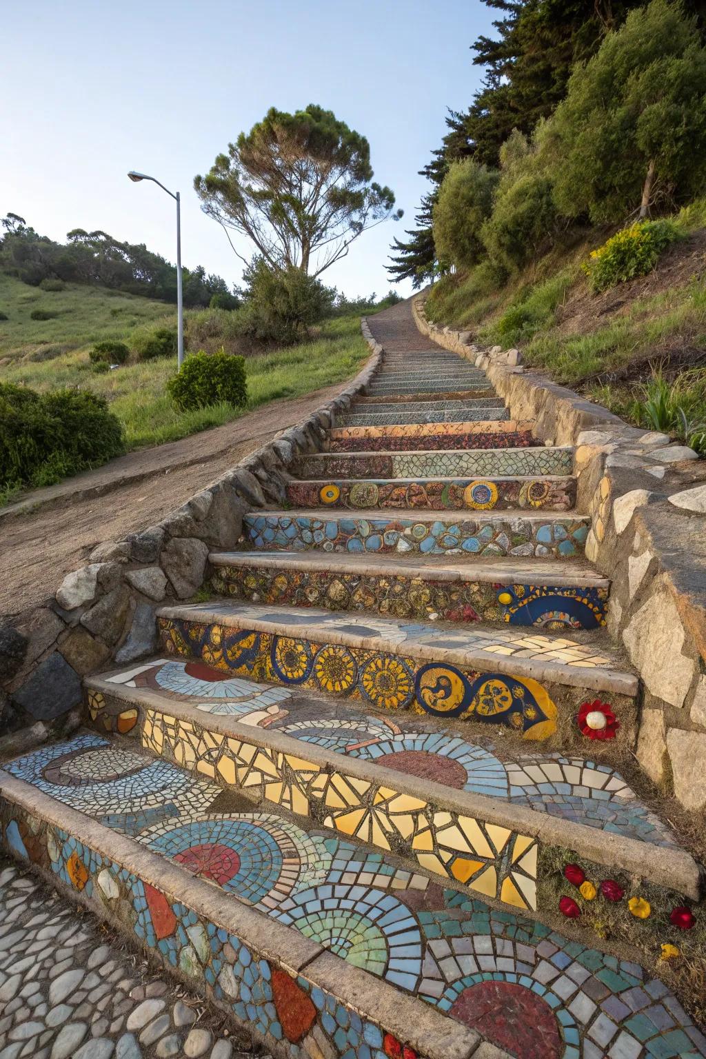 Tile steps bring vibrant artistry to garden slopes.