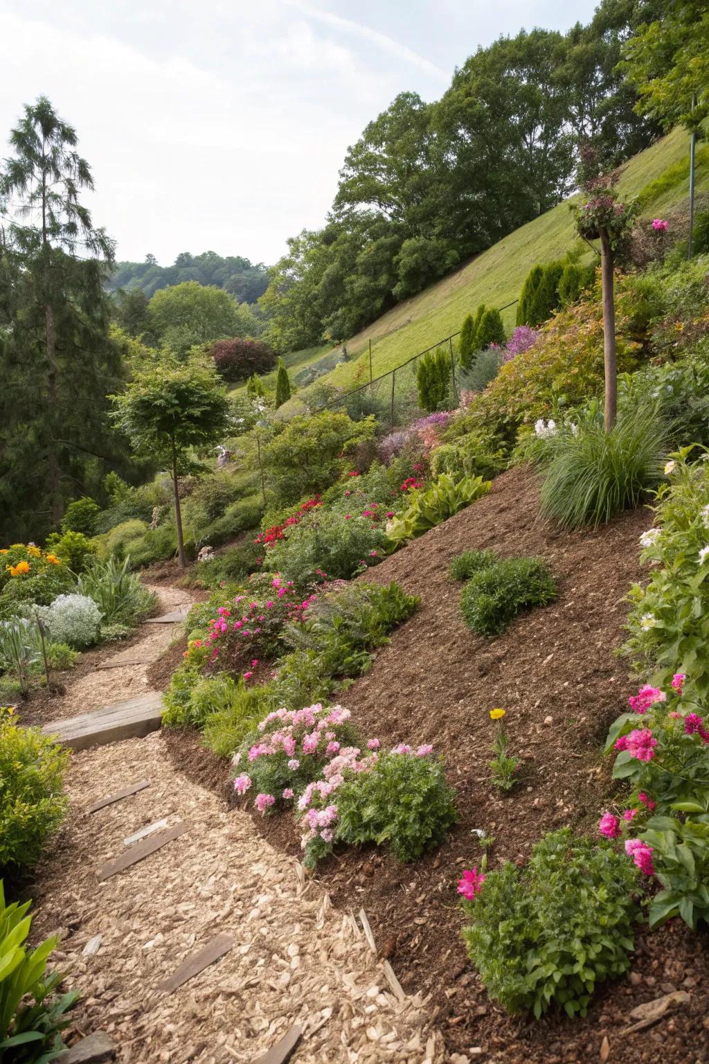 Mulch is a great way to save moisture and control weeds on a hillside.