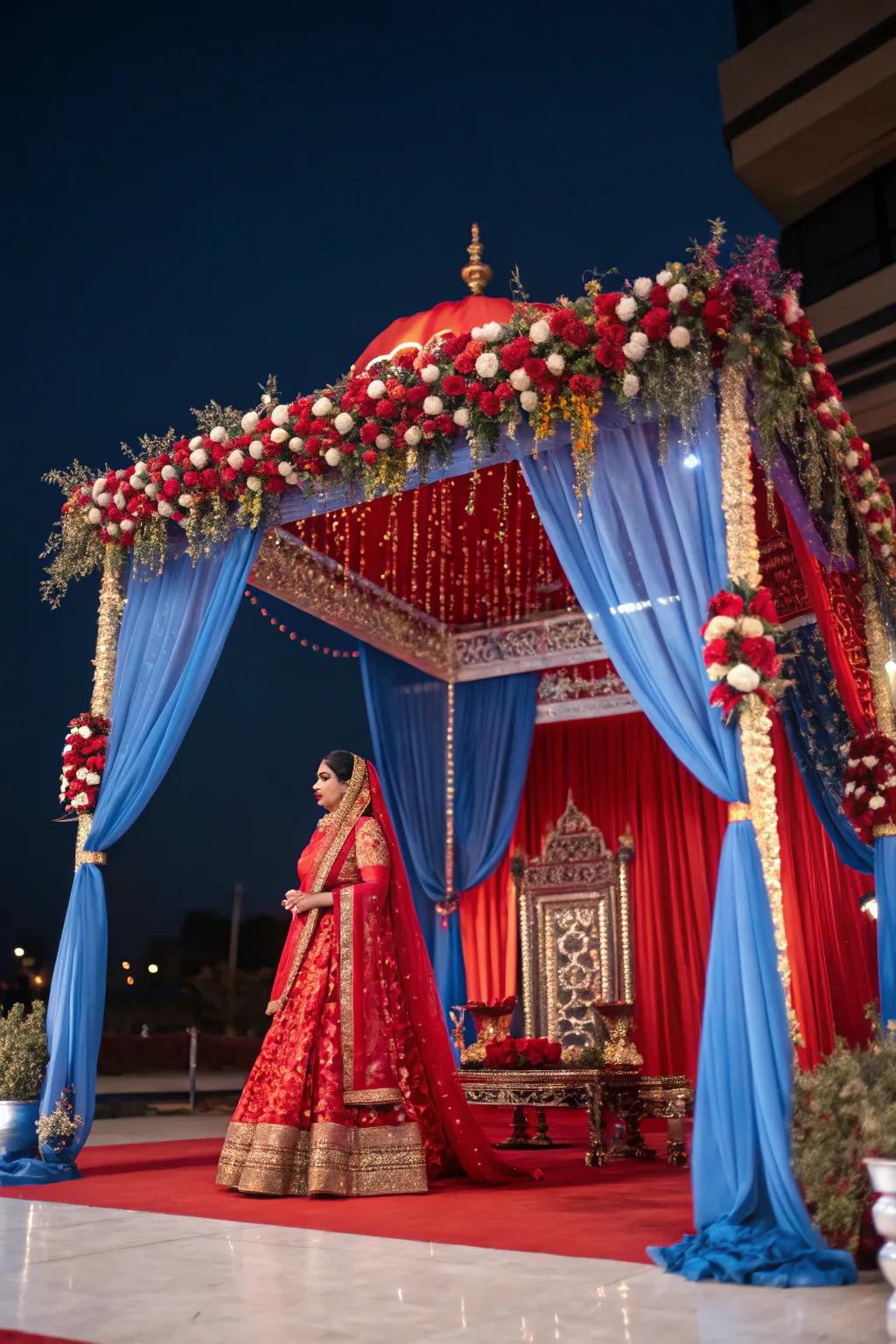 A mandap featuring bold color themes for a striking visual impact.