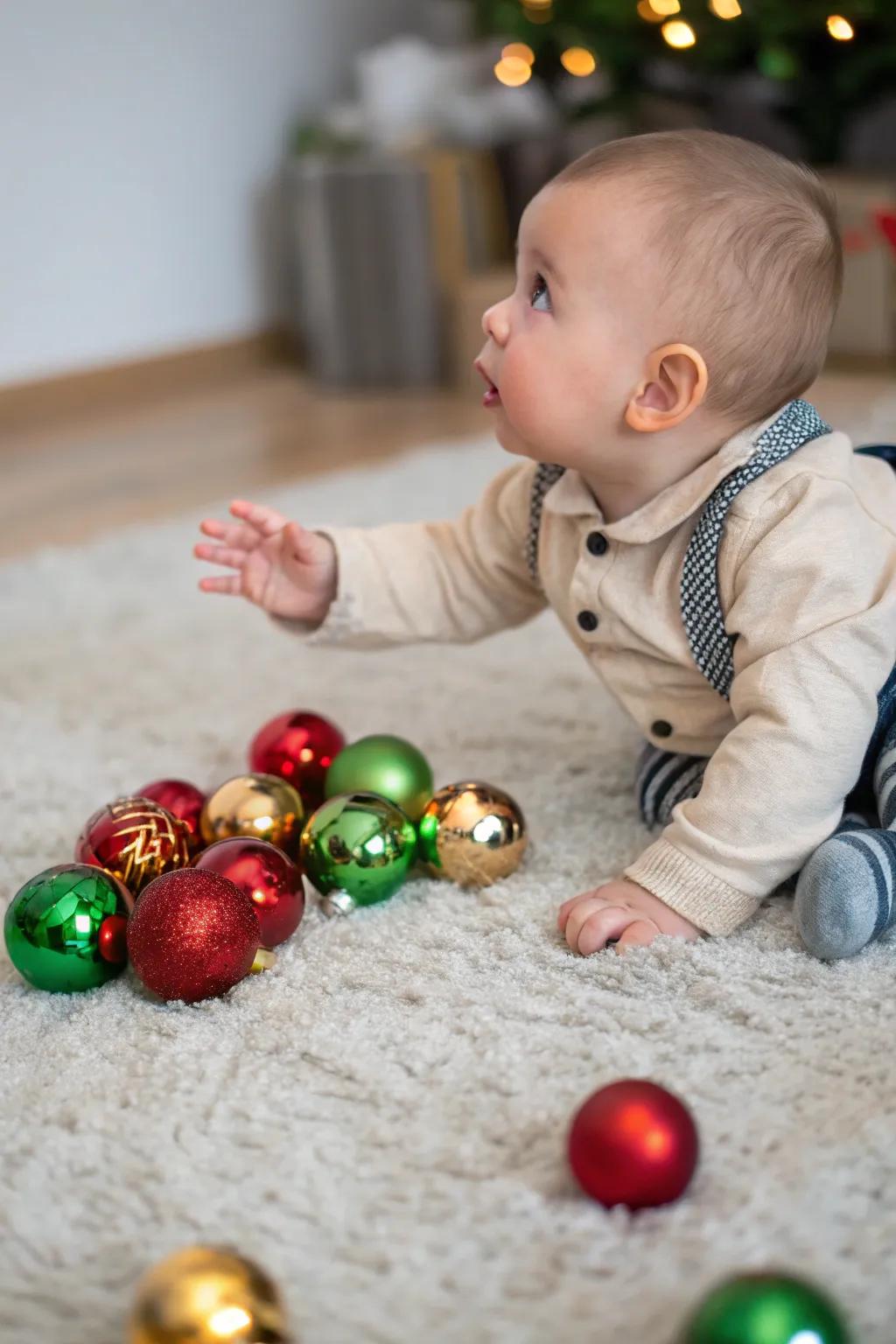 Capturing curiosity with shiny ornaments in a festive setting.