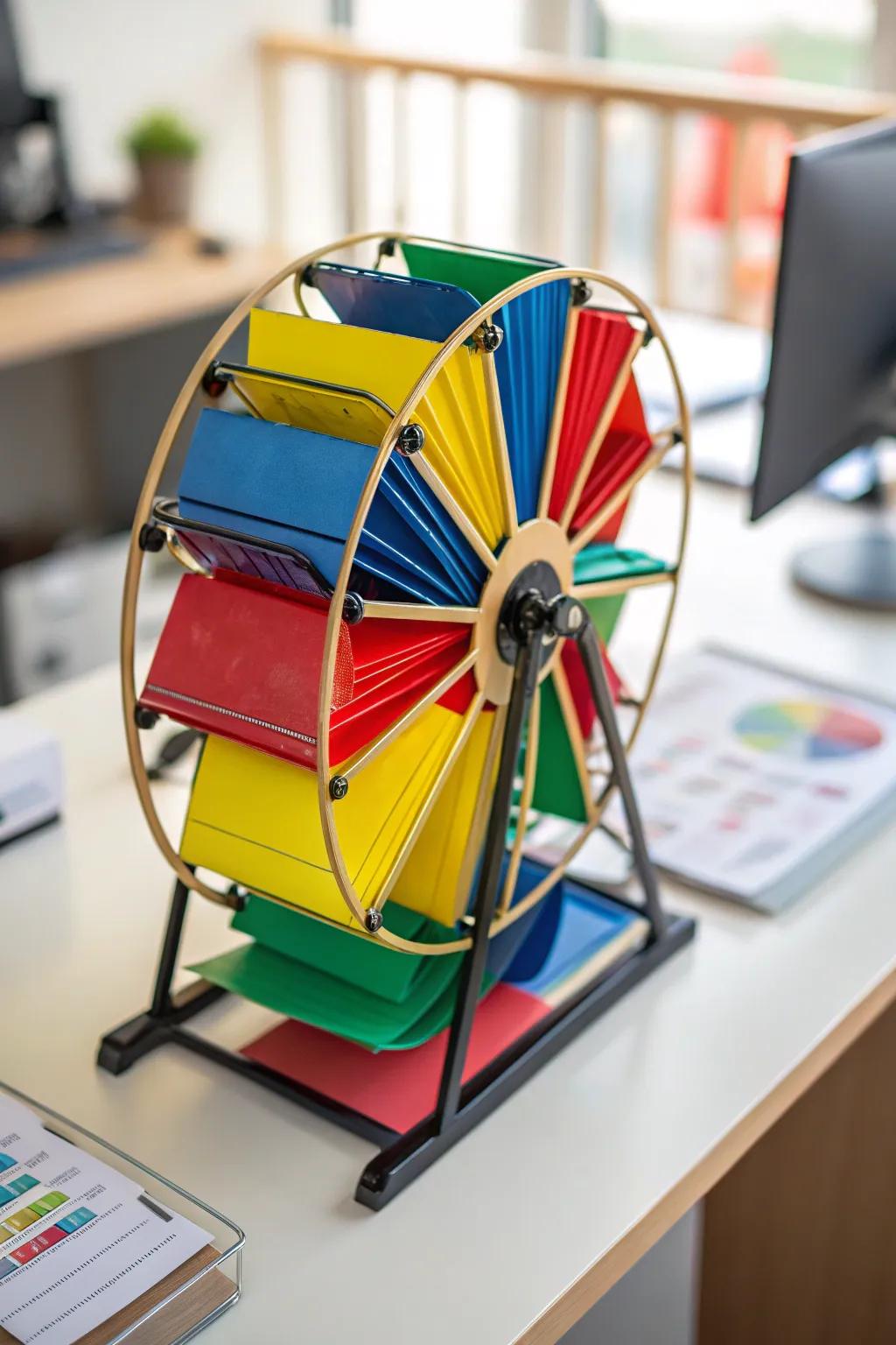A spinning file carousel brings function and style to your office.