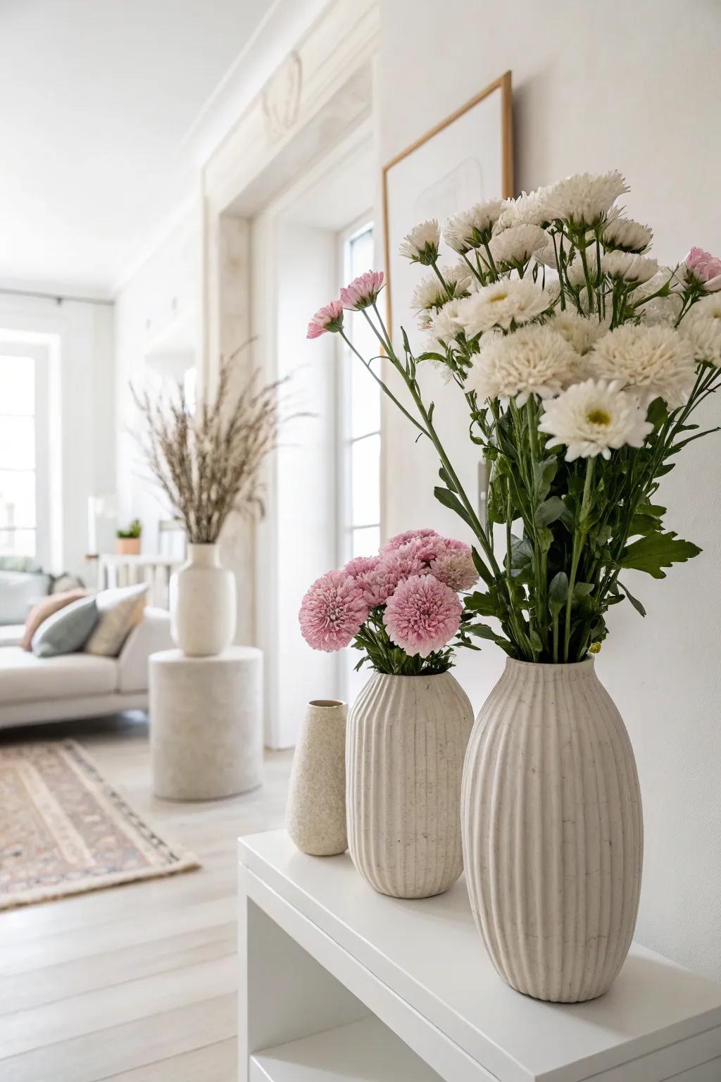 Simple arrangements enrich a minimalist interior.