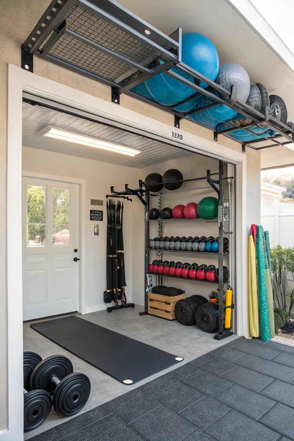 Overhead storage maintains rarely used items neatly put away.