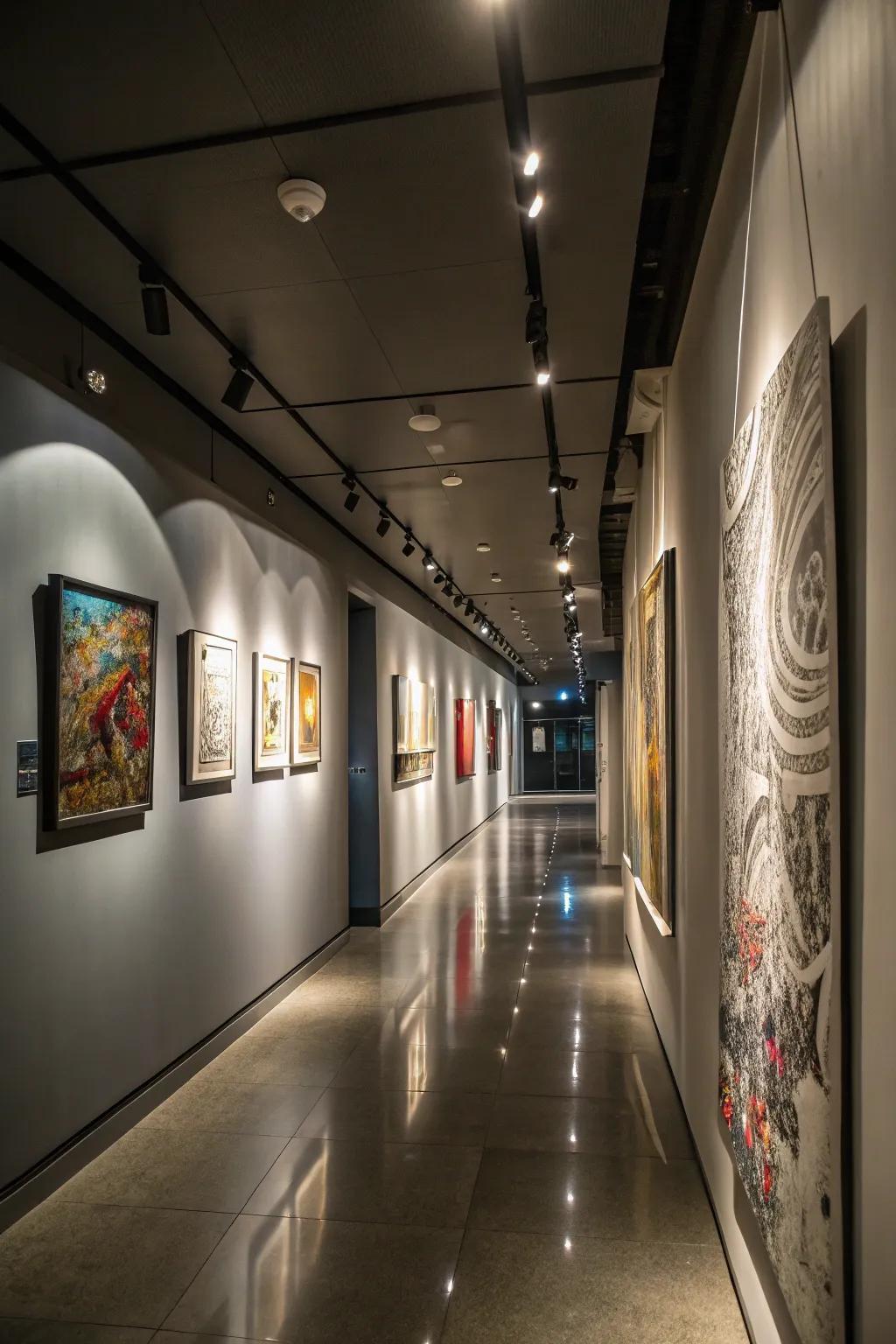 Accent lighting turns hallways into mini art galleries.