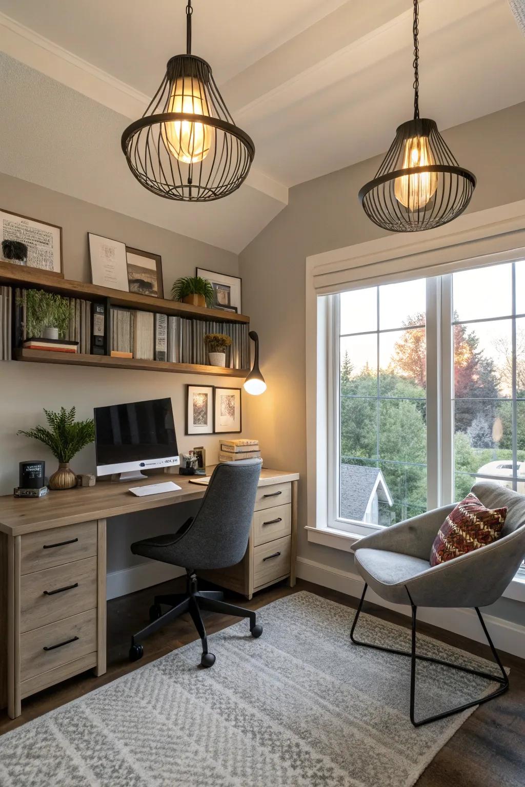 Modern lighting designs add artistic flair to your home office.