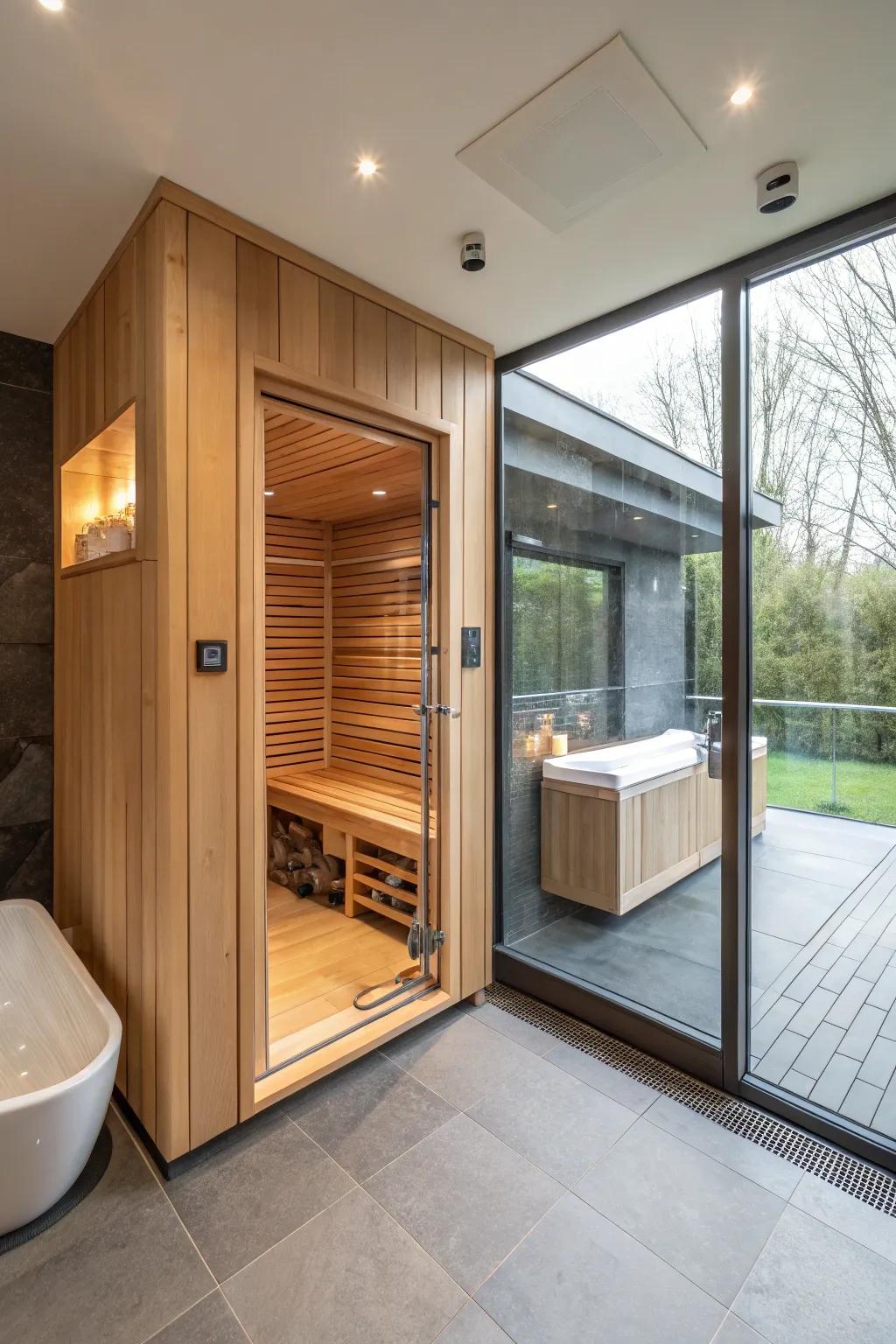 A sauna ideally incorporated with a modern bathroom for added convenience.