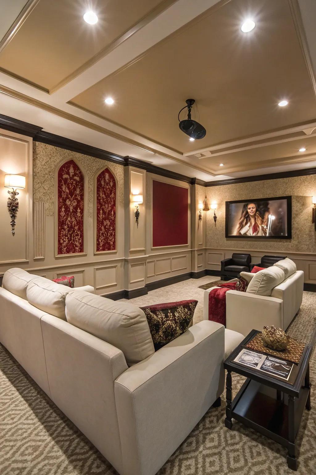 A harmonious color palette enhances the sophistication of your home theater.