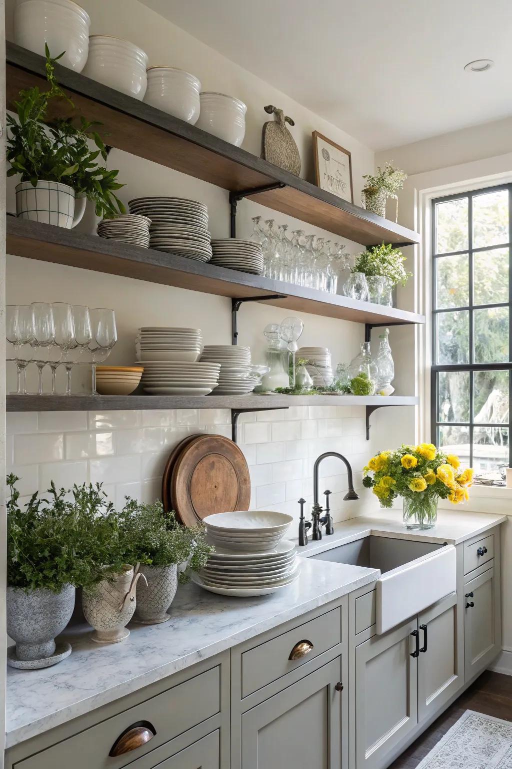 A kitchen enhanced with open shelving for a personal touch.