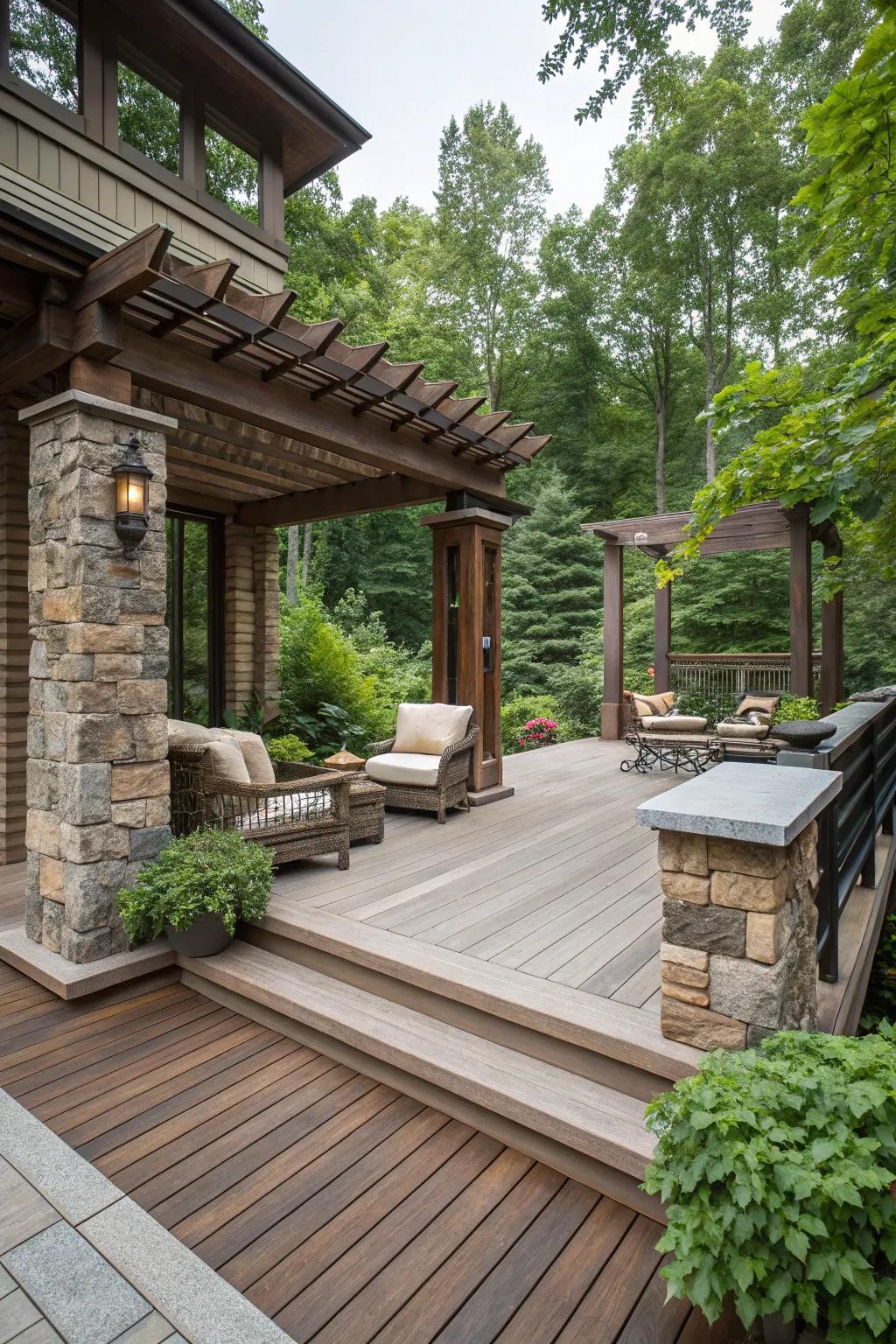 Stone features harmonize beautifully with wood skirting for an elegant appearance.