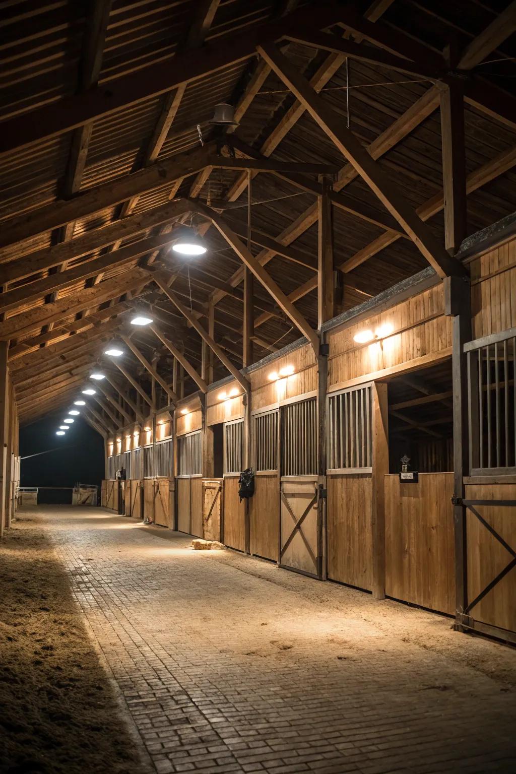 Beaming lights enhance the inherent beauty of wooden barn aspects.