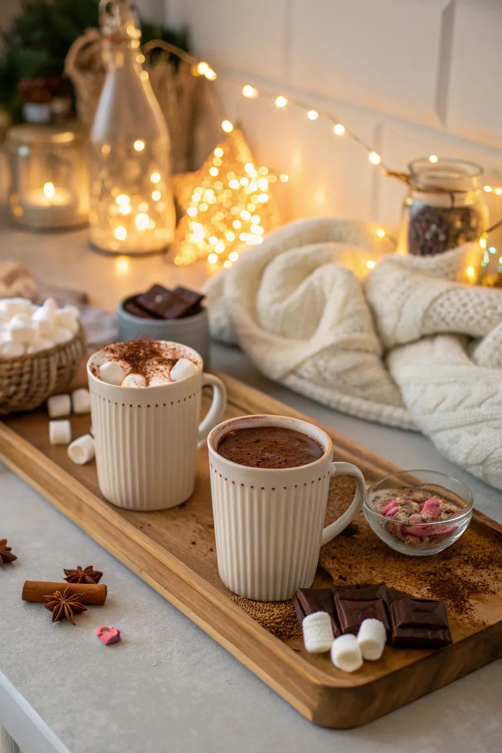 Filament illuminations and toasty hues fashion a snug warm cocoa station atmosphere.