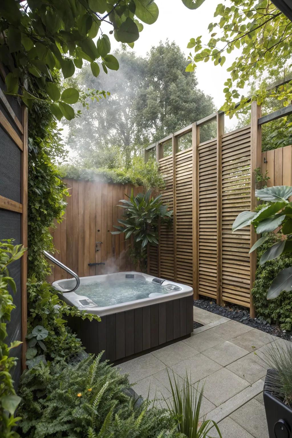 Seclusion screens and plants fashion a secluded hot tub oasis.