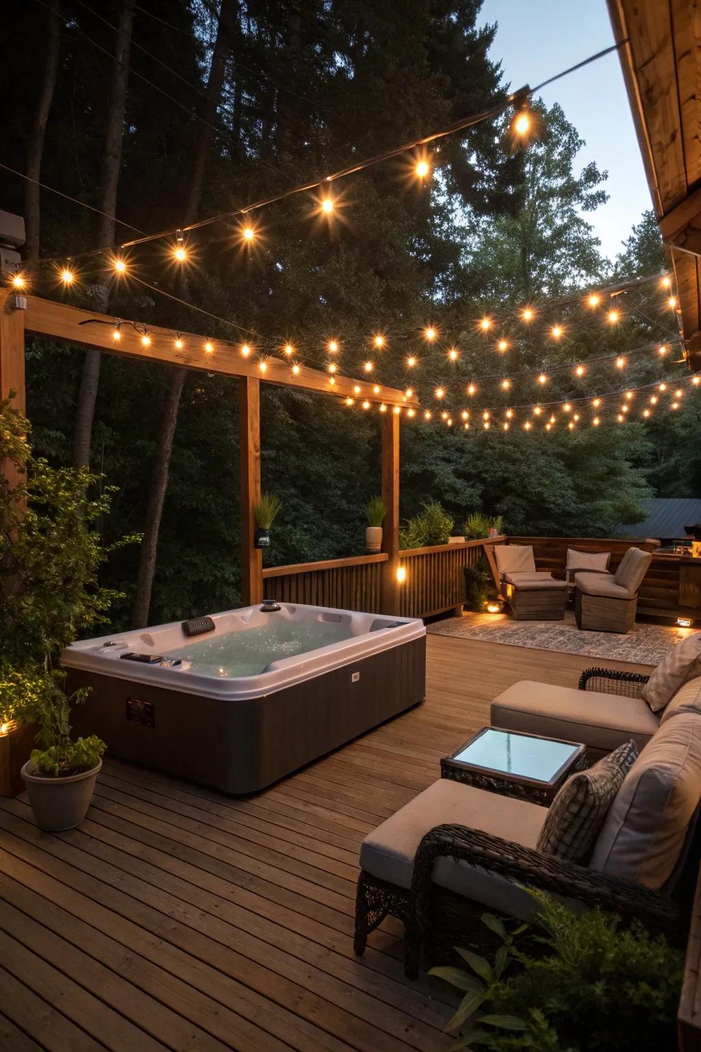 String lights conjure an enchanting atmosphere for nighttime relaxation.