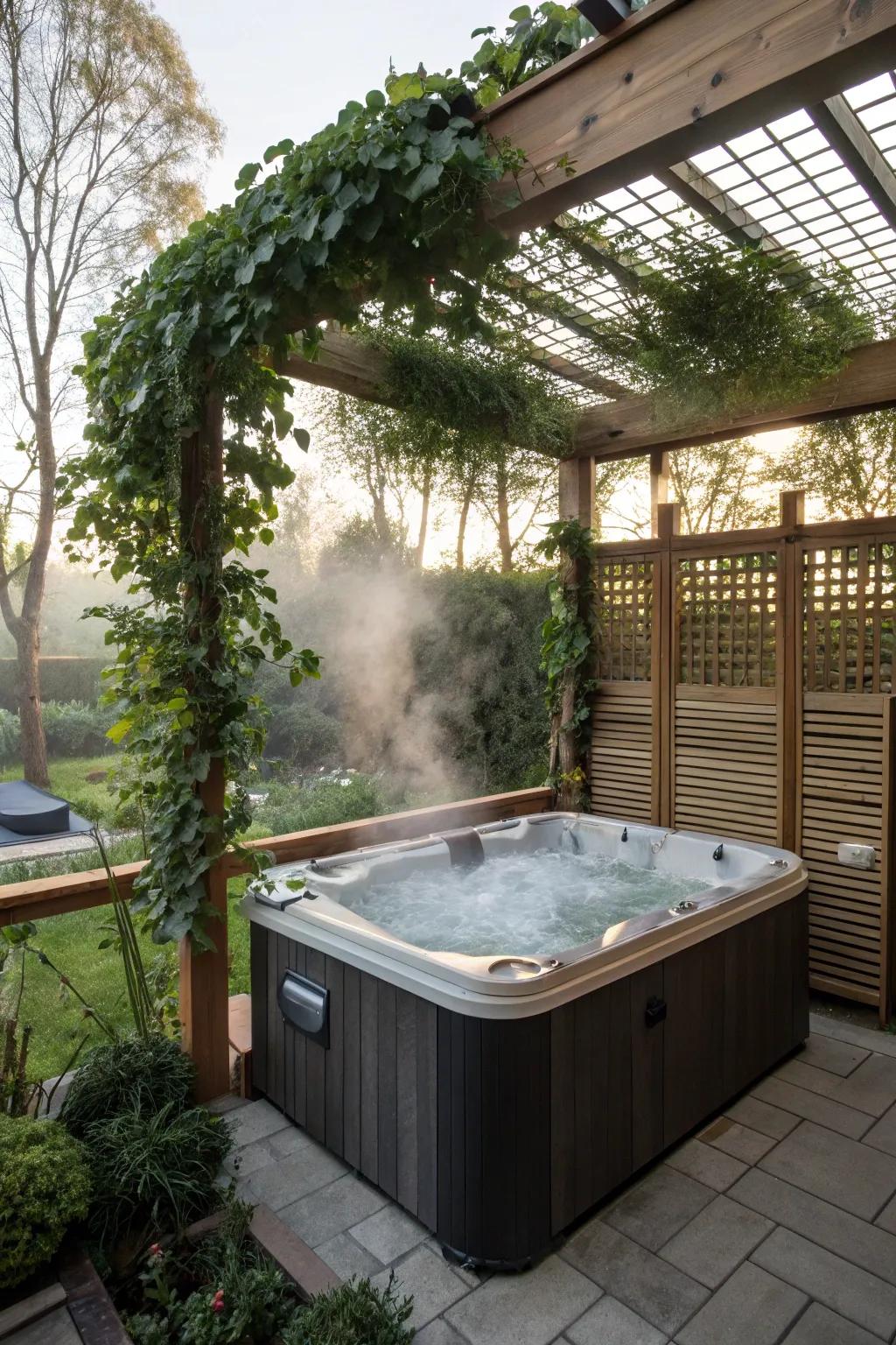 A secluded spa area with displays and an arbor.