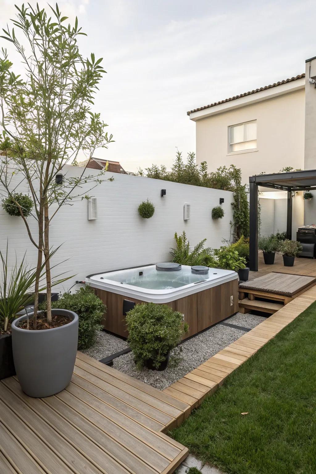 Attain peace using a sleek and simple hot tub design.