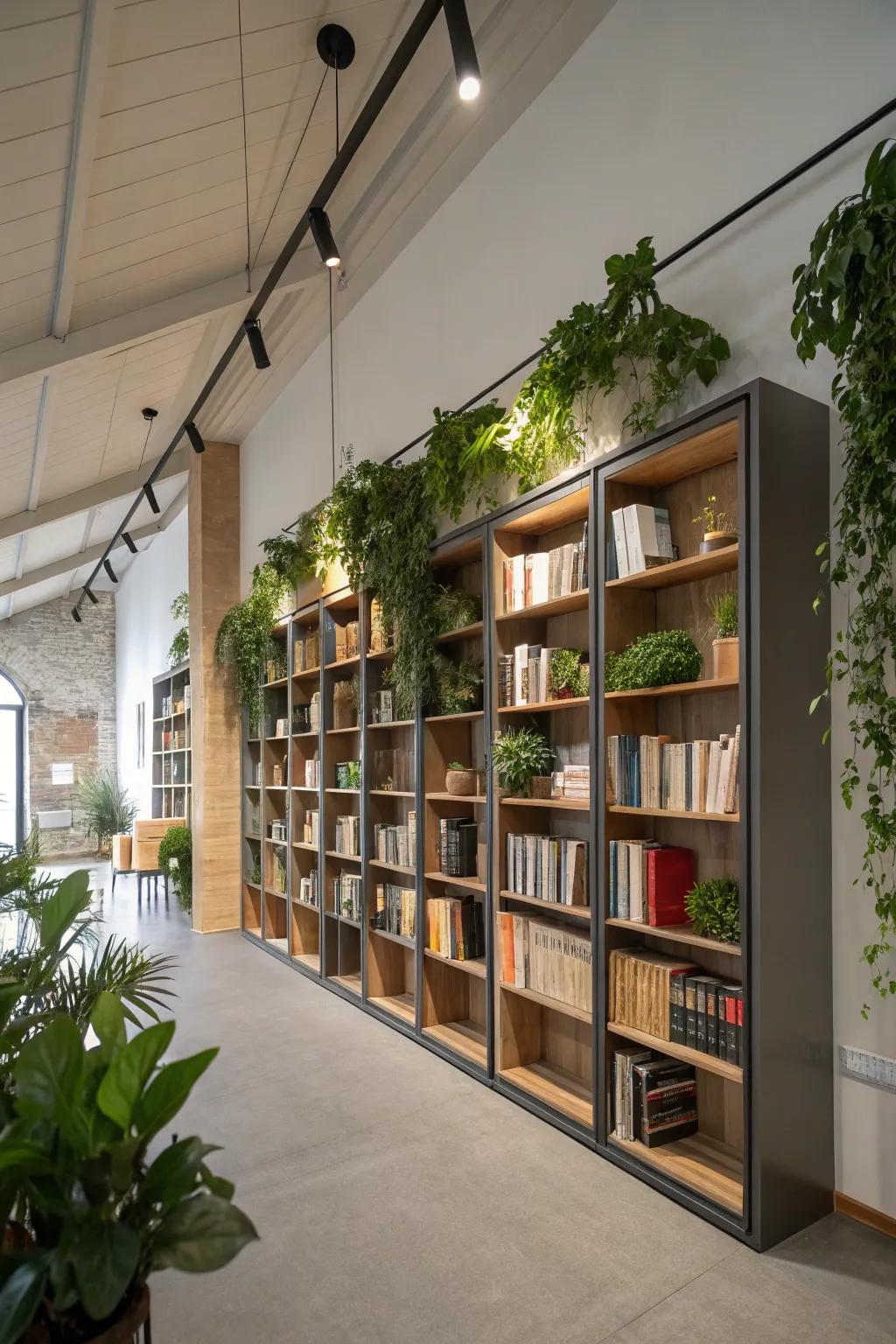 A room that maximizes vertical space with tall shelving and hanging plants.