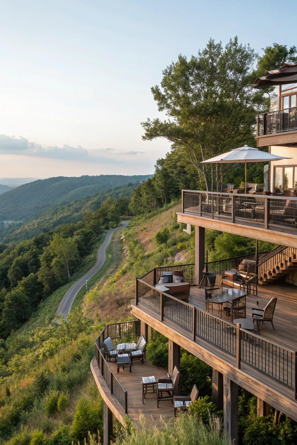 Multi-tiered decks delivering diverse outdoor activities and views.