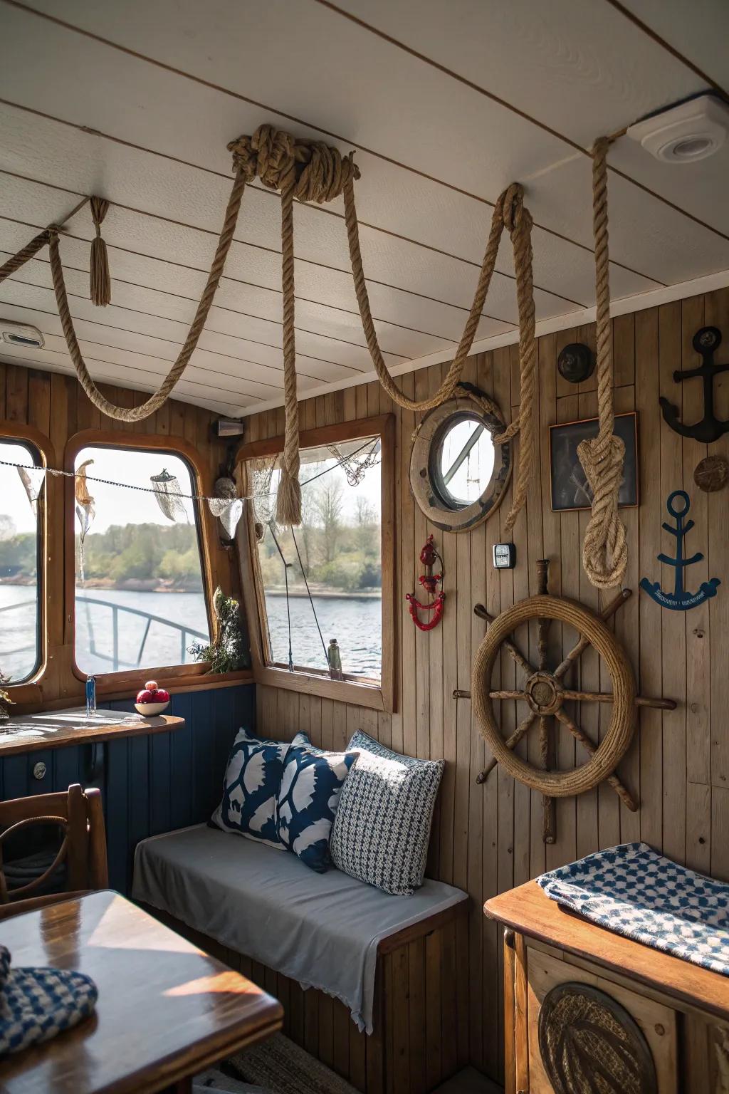 Nautical touches enhance the character of this houseboat’s decor.