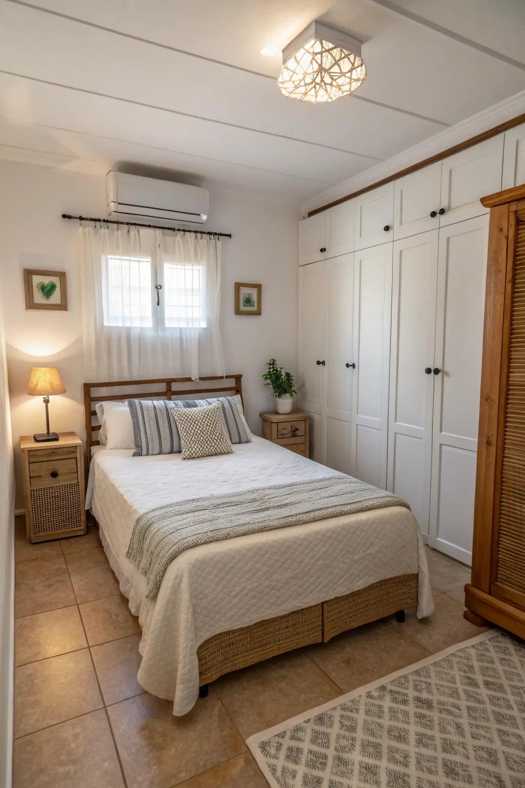 A well-planned layout with a centered bed to maximize space in a small bedroom.