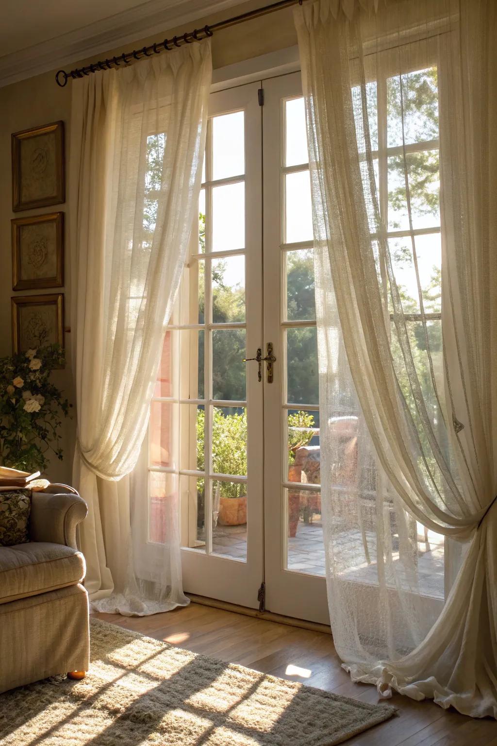 Sheers offer a gentle, light-diffusing choice for French doors.
