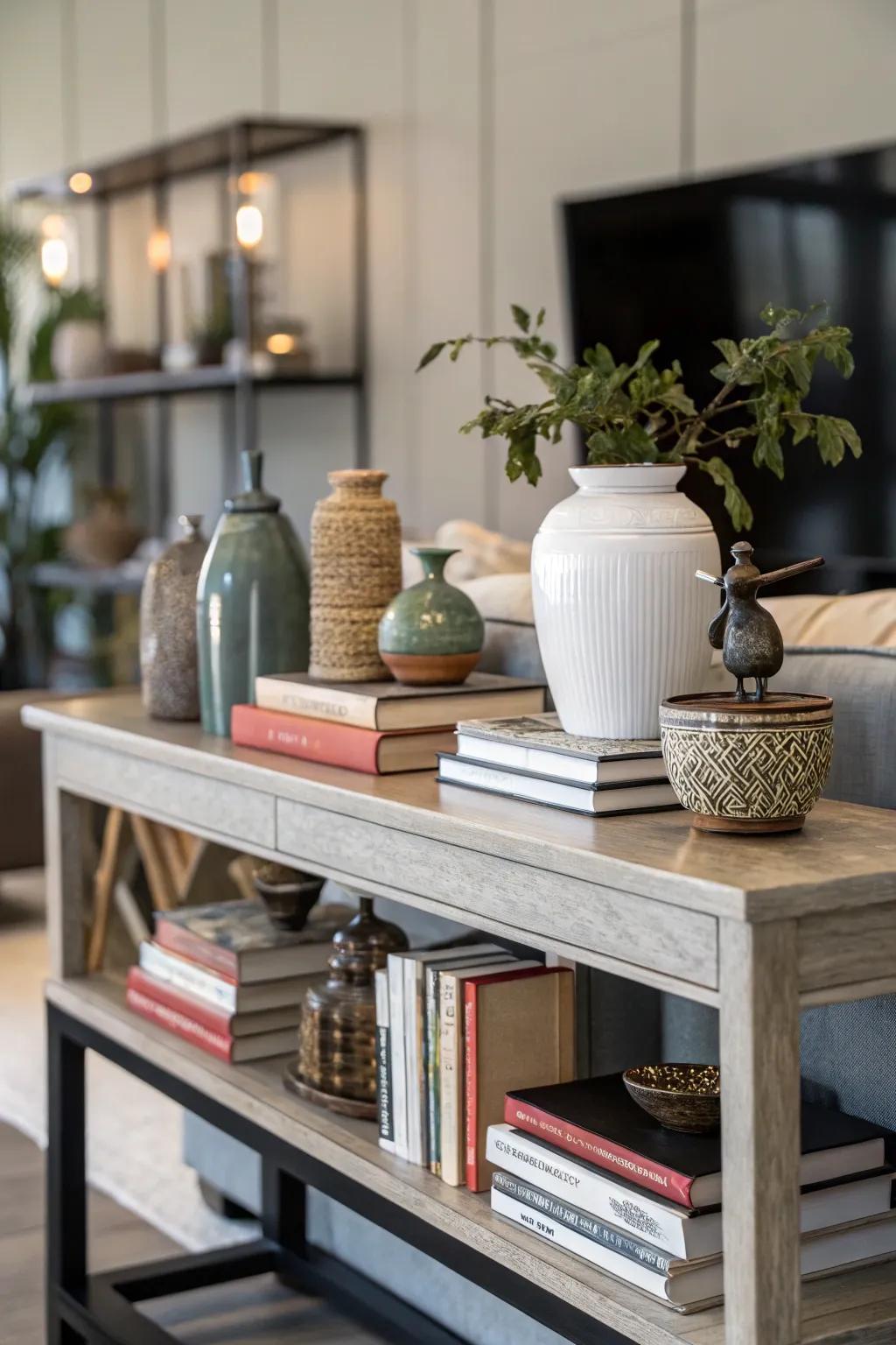 Stacks of books introduce both height and personality, enhancing the overall display.