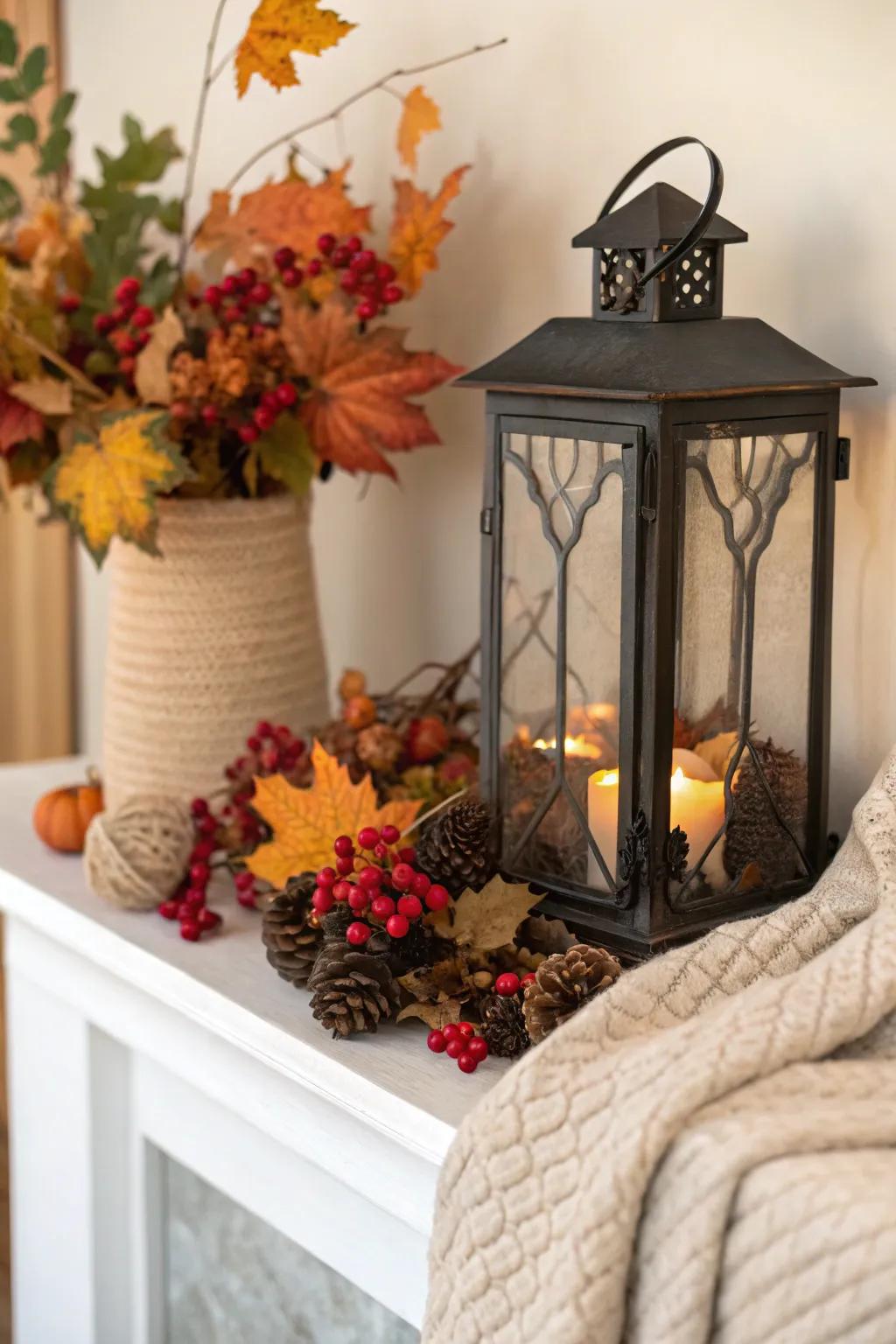 A warm autumn lantern display with leaves and berries.