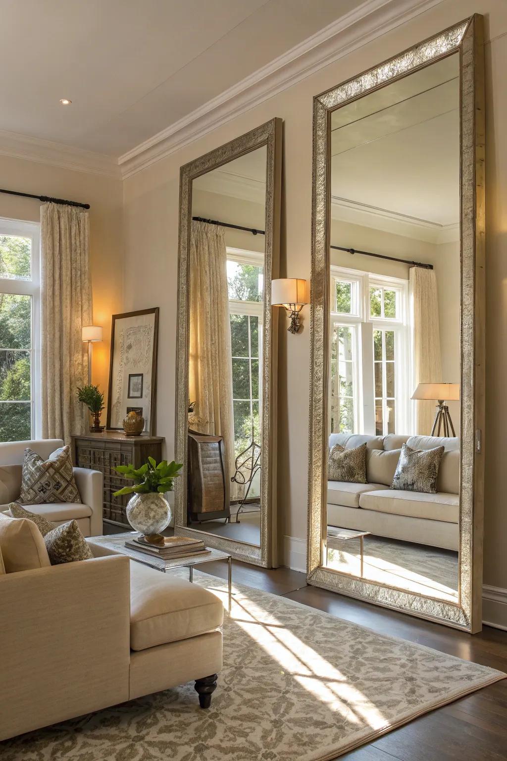 Mirrors and bright lighting enhance the room's natural light.