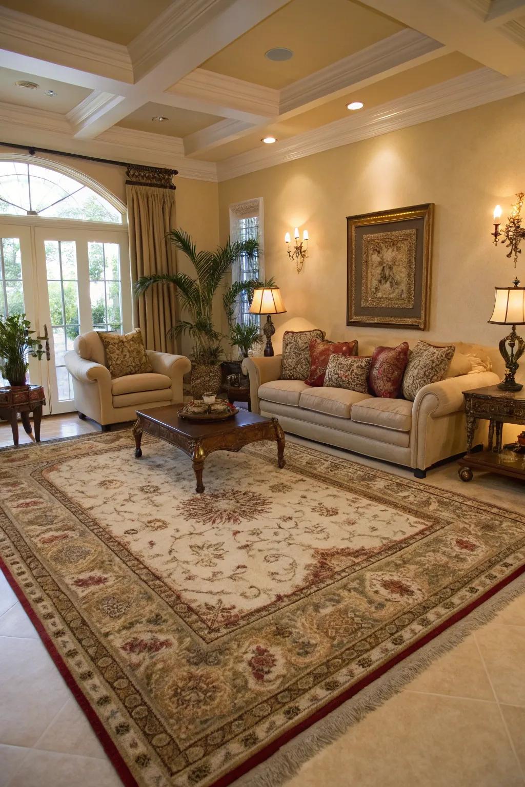 A floor covering stylishly defining the living room's lounging area.