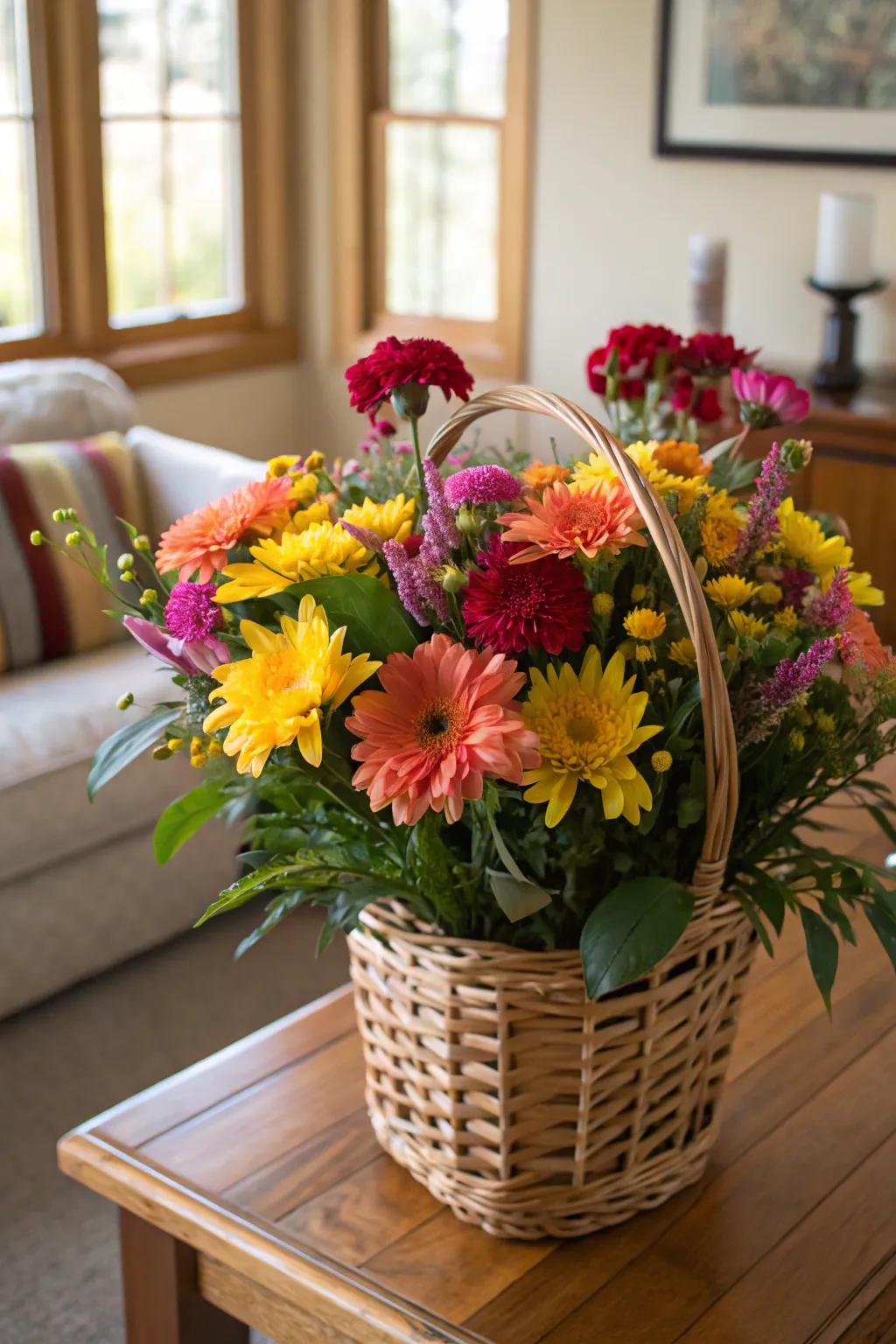 Flowers within baskets make for a lively and vibrant display.