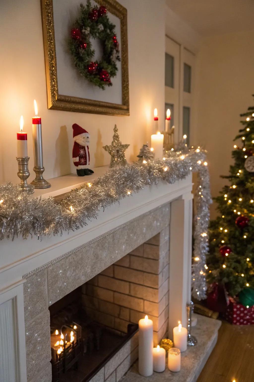 A fireplace mantel adorned with tinsel garland and holiday accents.