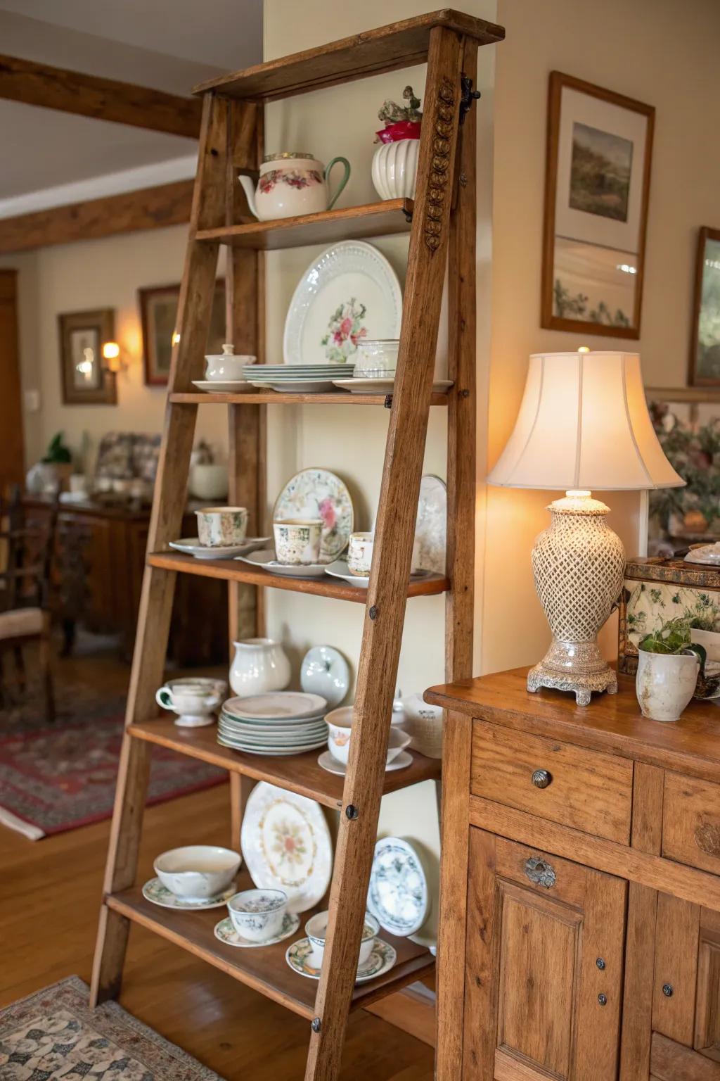 A rustic ladder shelf displaying a charming collection of china.