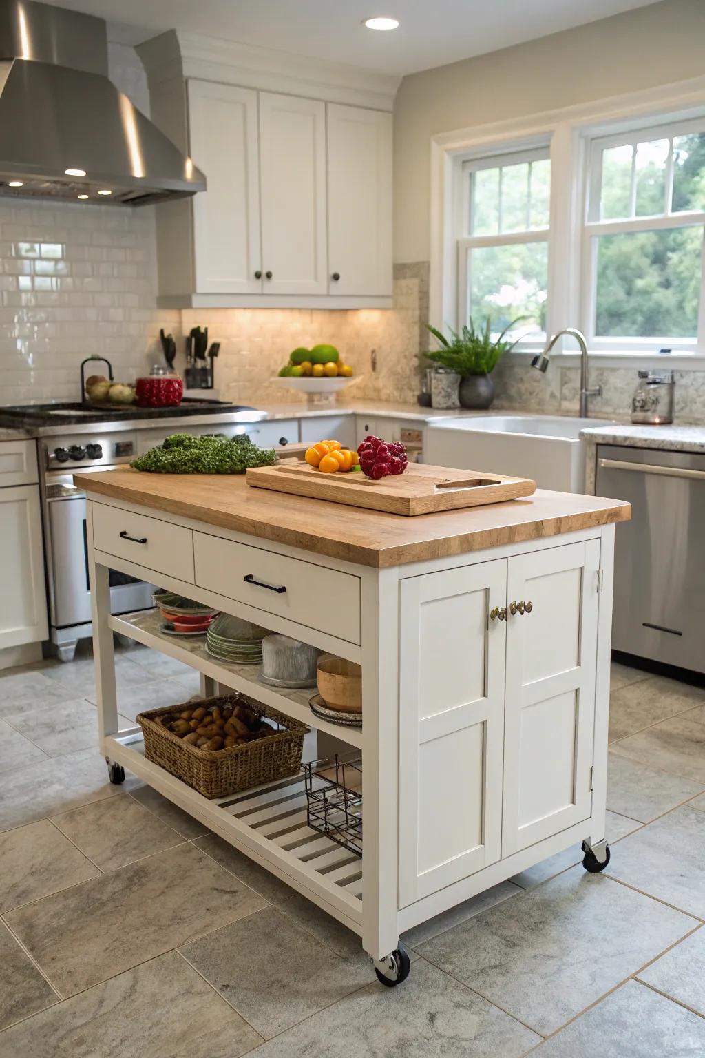 An island on wheels provides extra space and storage.