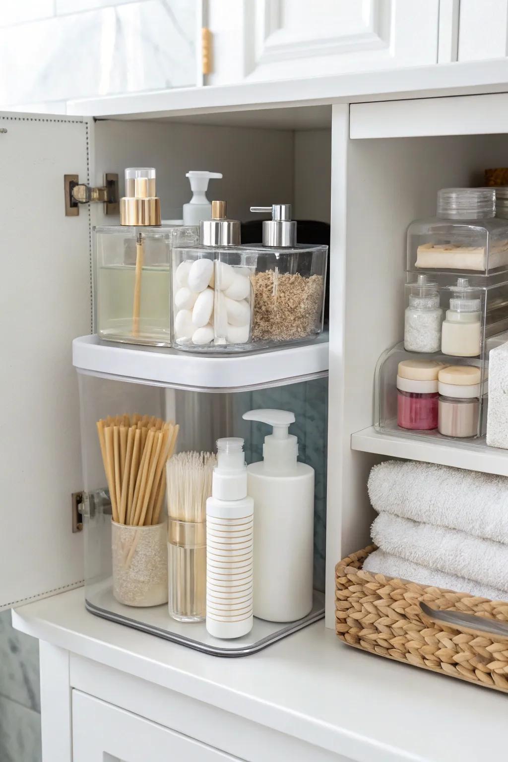 See-through containers in a bathroom cabinet make it easy to see what’s stored inside.