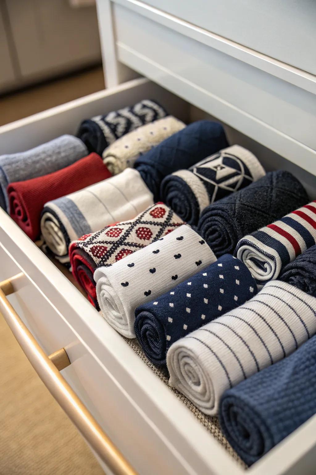 Rolling socks keeps them orderly and easy to spot.