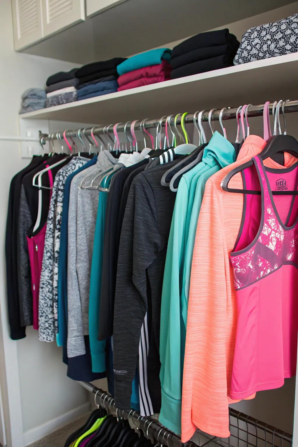 Workout tops and jackets neatly hung for effortless access.