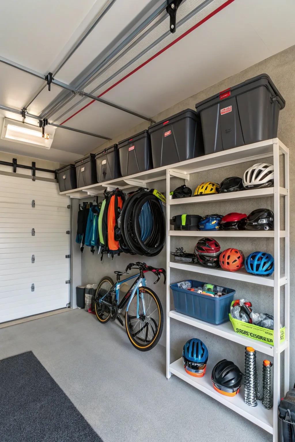 Shelves with bike hooks let you store bikes and gear together.